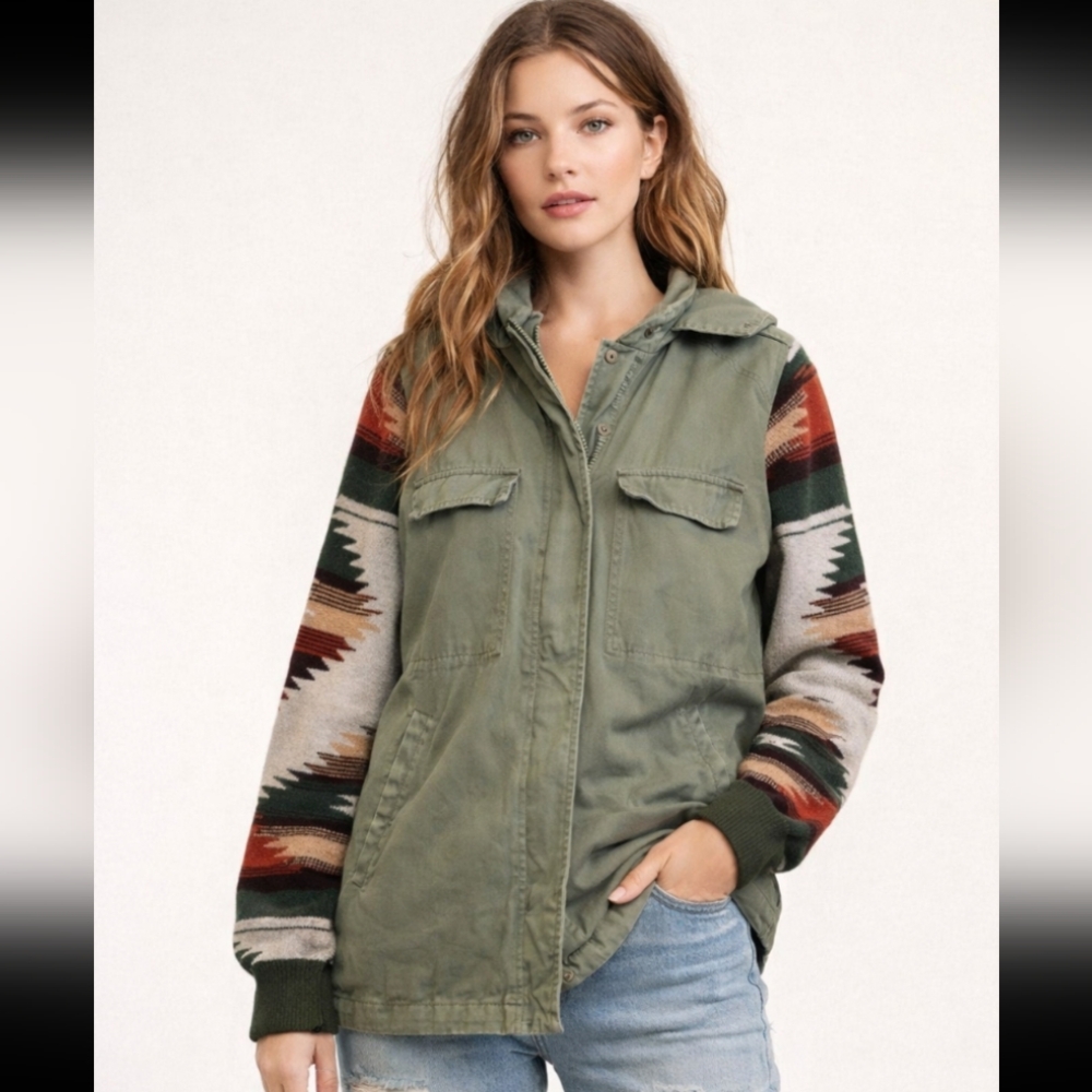 Thread & Supply Green Utility Jacket with Patterned Sleeves - Picture 1 of 8
